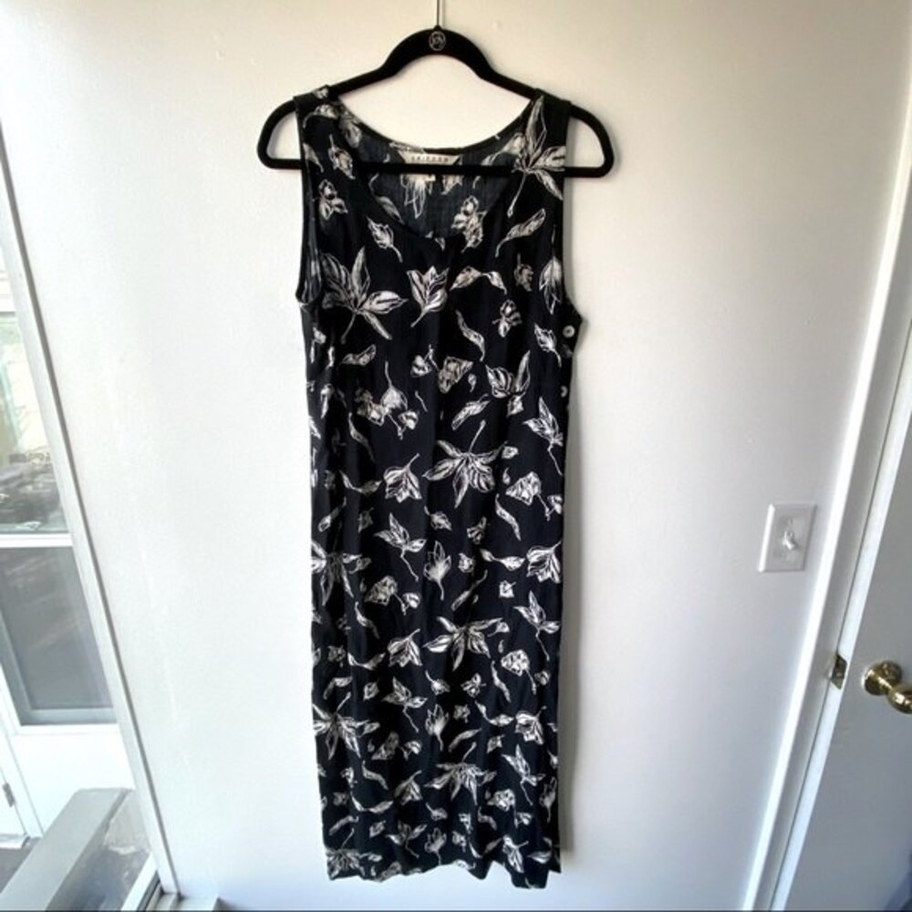 Vintage 90s Uniform John Paul Richard Black Semi Sheer Leaf Print Maxi Dress